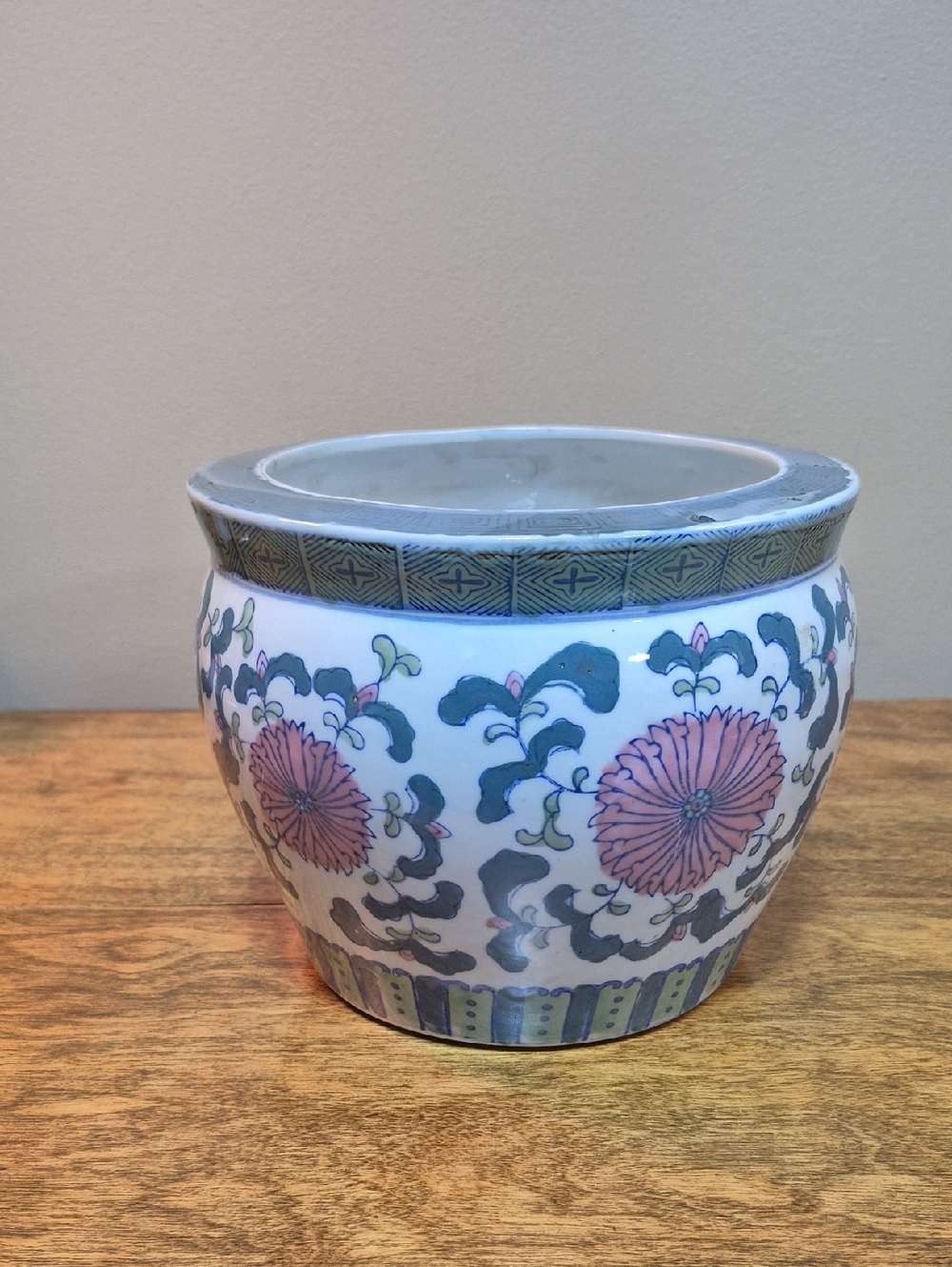 Vintage White Ceramic Planter with Green and Pink Floral Motif - Picture 4 of 14